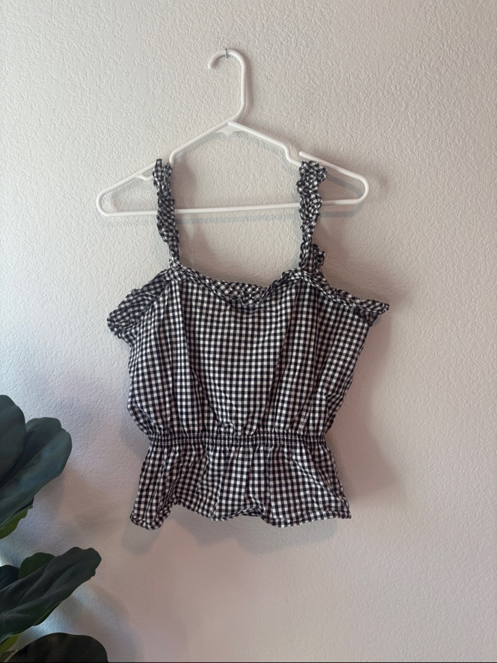 Gingham Ruffle Strap Peplum Tank Top - Black/White 7 for all Mankind Medium